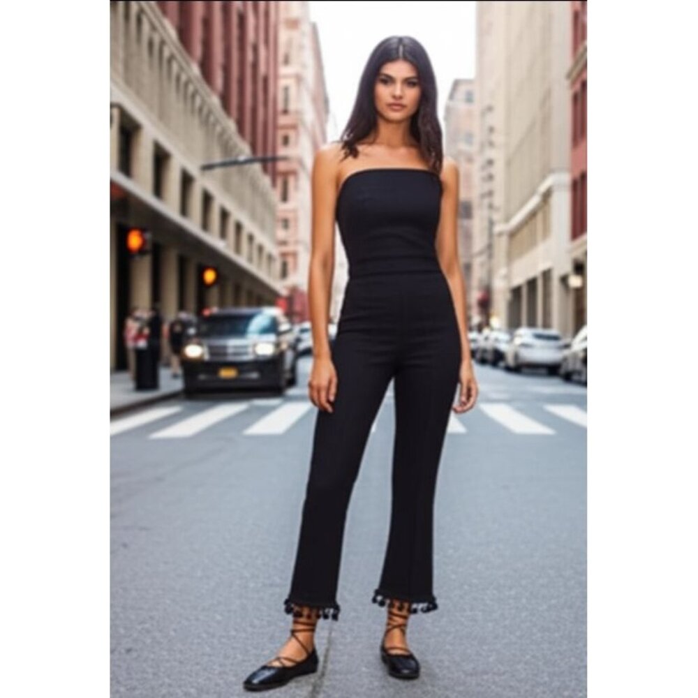 Stone Cold Fox Black Naples Linen Tassel Hem Strapless Jumpsuit Women's Size XS - Picture 1 of 10